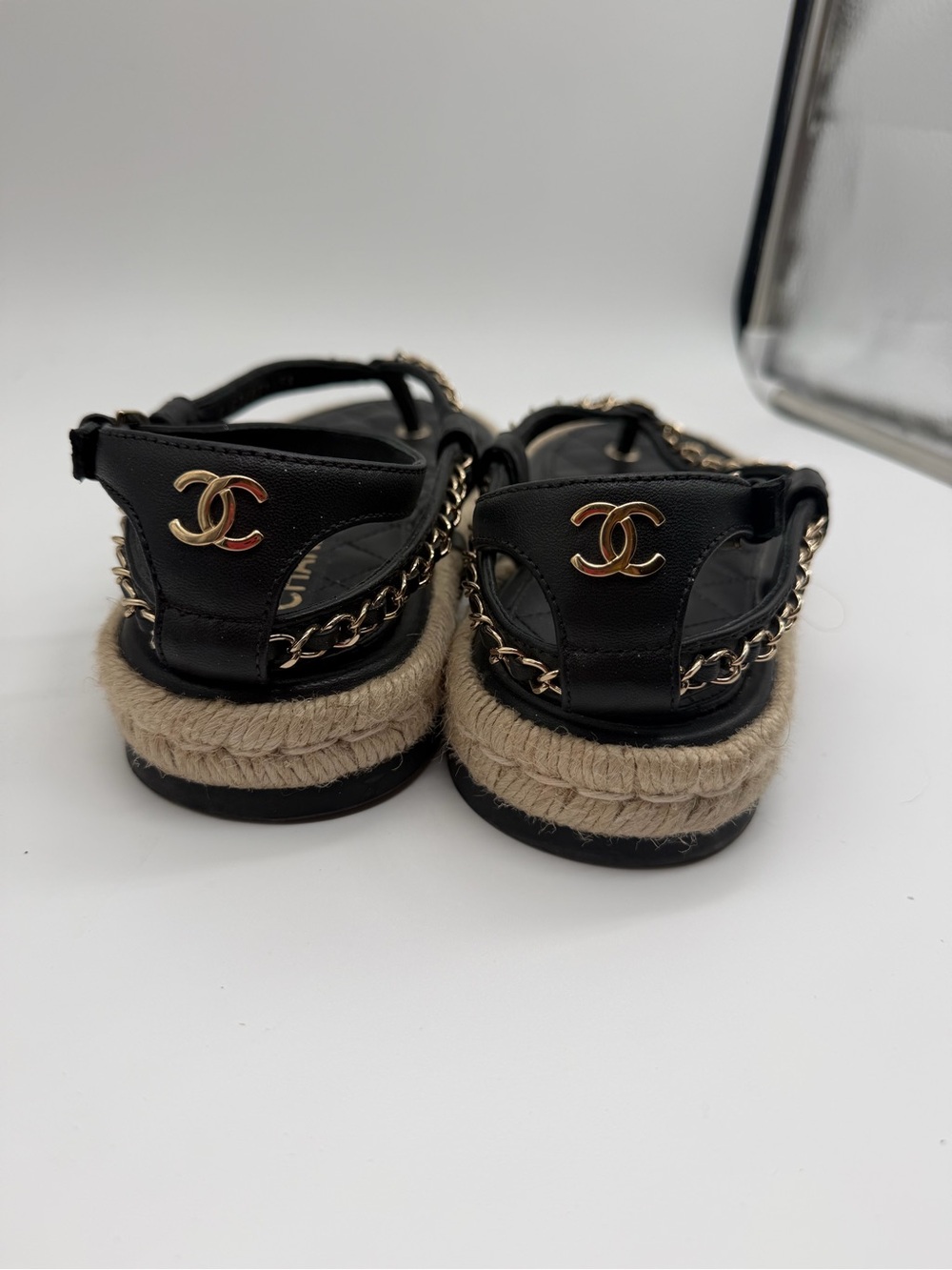 CHANEL Black Quilted Leather Chain Trim Espadrille Sandals Sz 38 - Picture 5 of 9